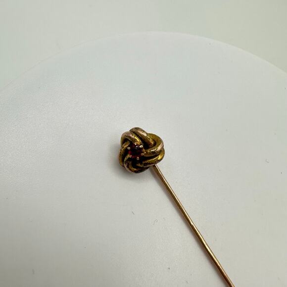 Antique Victorian solid 12kt rose yellow gold red paste knotted stick pin brooch - Picture 8 of 10